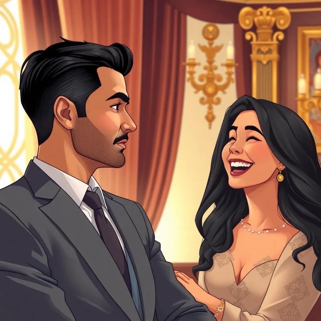 A handsome Arab billionaire, Adel, with short black hair wearing a well-tailored suit, looking thoughtfully at a bright window while Maryam joyfully talks to him, in a luxurious office with golden decorations, illustration, soft light, rich detail, heartwarming scene, high quality
