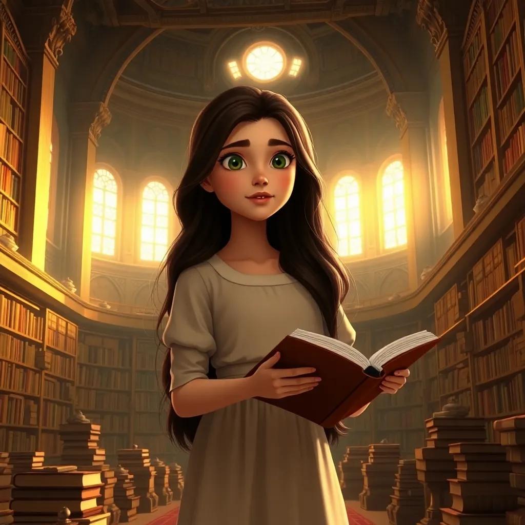 A young Arab girl, Layla, with long dark hair, wearing a simple servant dress, dusting books in a grand royal library with tall shelves and golden light streaming in, digital art, warm colors, inviting atmosphere, high quality