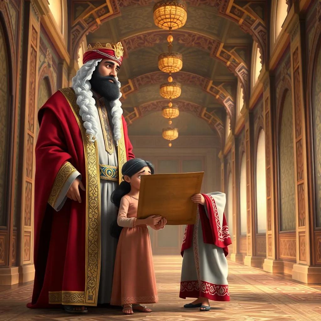 A young Arab girl, Layla, in a simple servant dress, standing beside a tall, regal Arab king wearing a royal robe, looking at an ancient scroll between them, in a majestic palace hallway with intricate designs, digital art, rich colors, dynamic perspective, high quality
