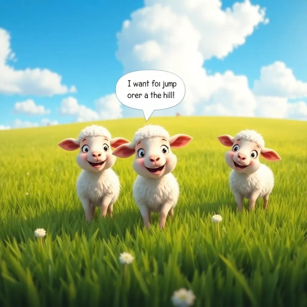 A playful scene of three little sheep in a green field, one saying: 'I want to jump over the hill!', with blue sky and fluffy clouds, cheerful, lively, bright colors, high quality
