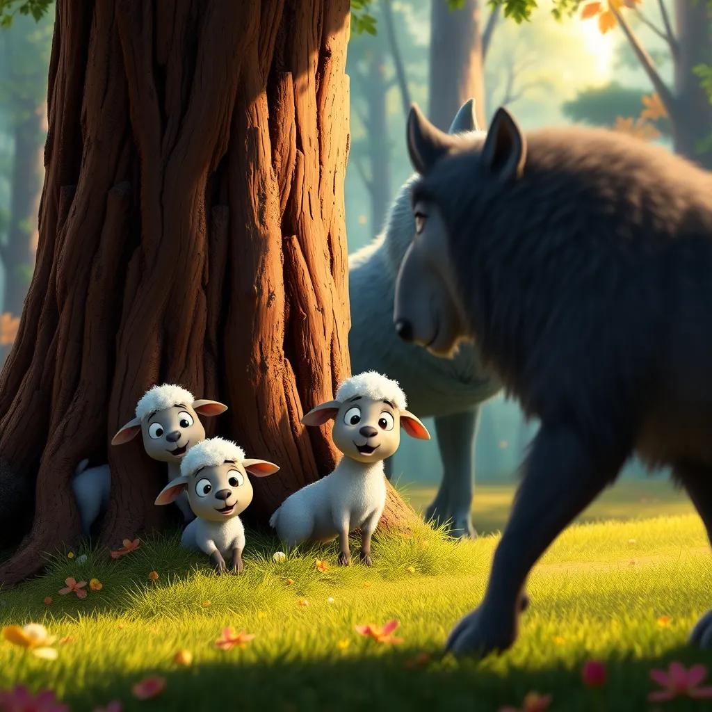 Three little sheep hiding behind a big tree, looking scared as a wolf approaches them, with expressions of bravery on their faces, in a colorful forest setting, digital art, vivid details, warm light