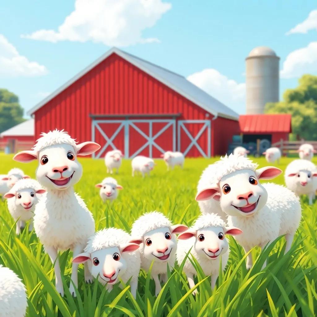 A group of white sheep, happily eating green grass in a sunny farm, with a big red barn in the background, cheerful atmosphere, bright colors, happy scene