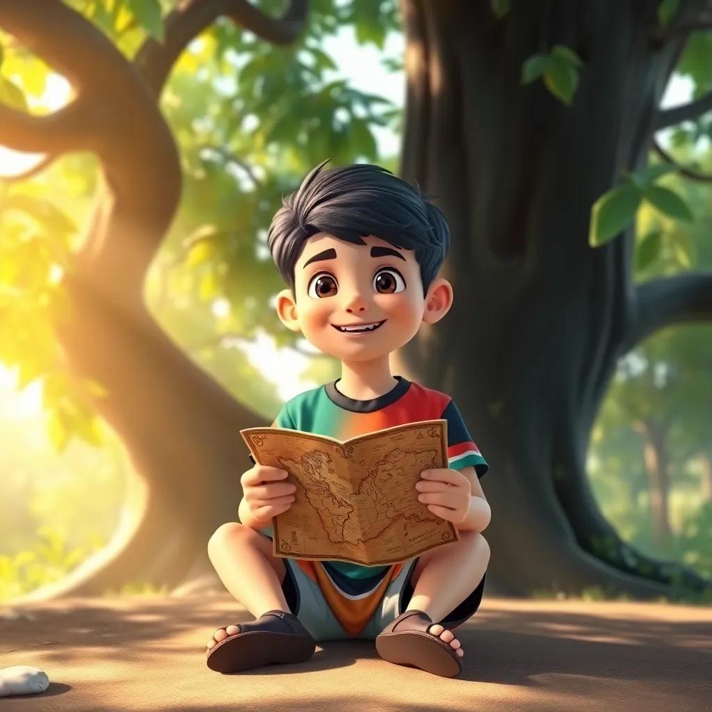 A young Arab boy, Sami, with short black hair, wearing a colorful t-shirt and shorts, sitting under a big tree with an ancient map in his hands, surrounded by sunlight filtering through leaves, digital art, cheerful, vibrant colors, inviting atmosphere, high quality