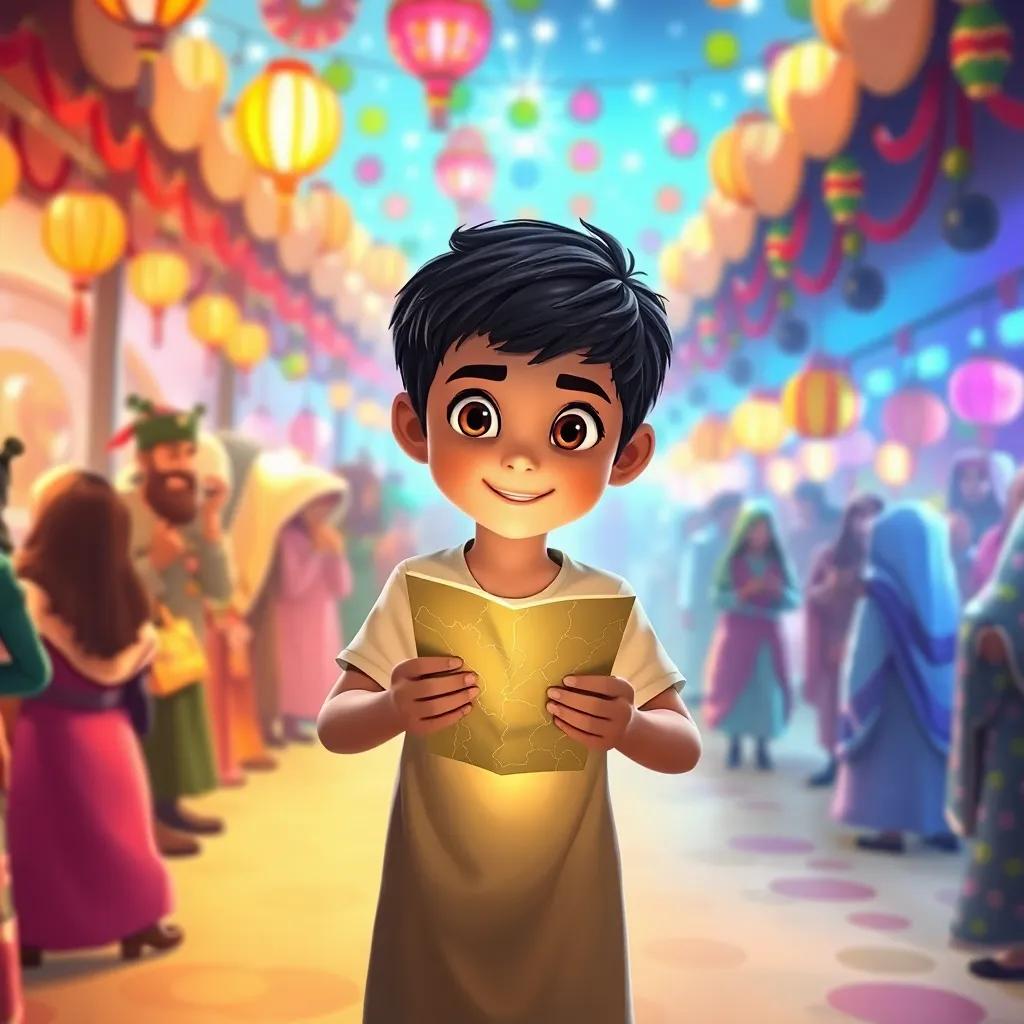 A young Arab boy, Sami, with short black hair, holding a glowing map in his hands, as he steps into a colorful festival filled with people in strange clothes, with bright decorations and cheerful music, illustration, lively, magical, child-friendly