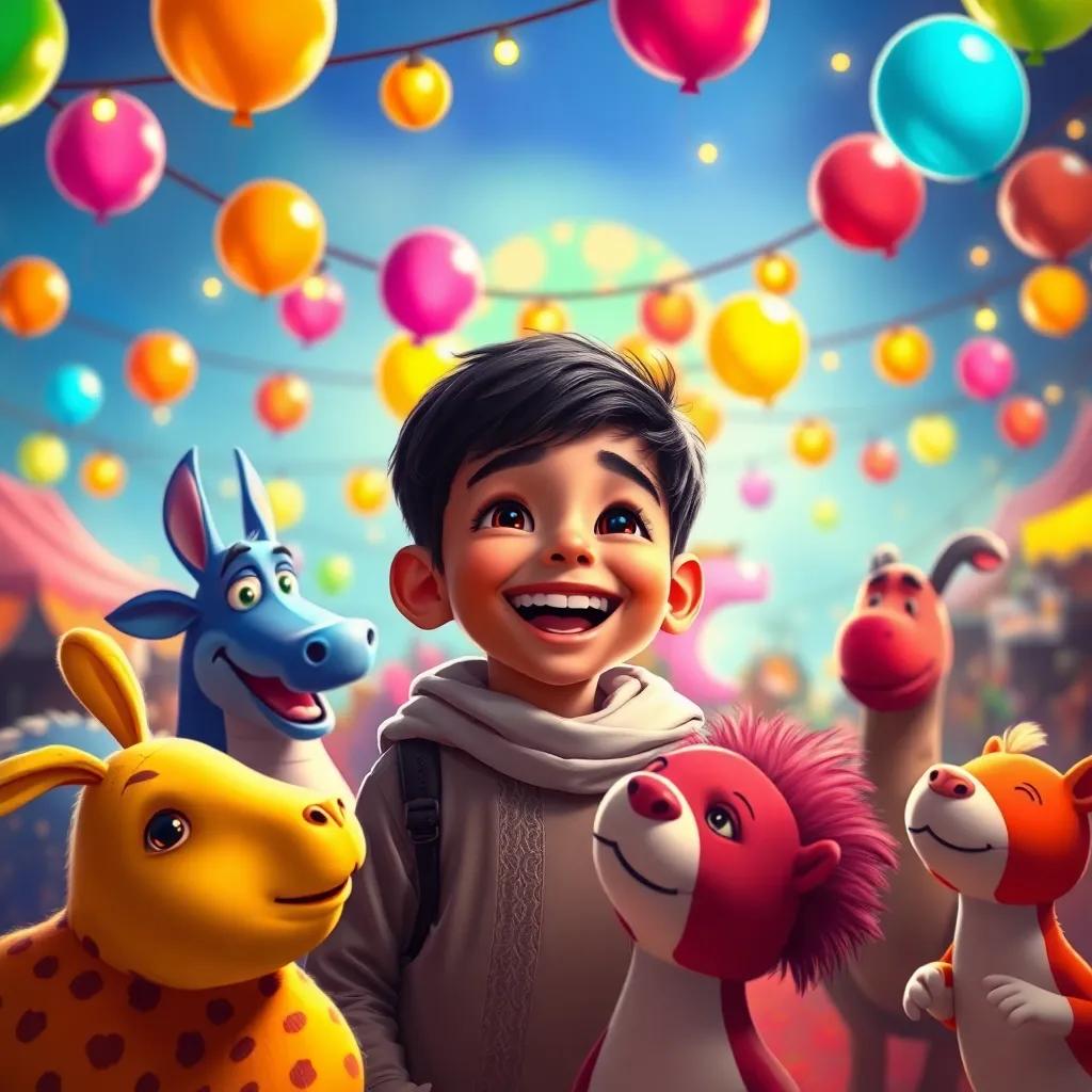 A young Arab boy, Sami, with short black hair, laughing and playing with colorful talking animals at a vibrant festival, surrounded by balloons and lights, digital painting, joyful, rich colors, fantasy