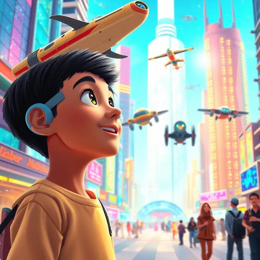 A young Arab boy, Sami, with short black hair, amazed by futuristic flying machines and friendly robots in a bright and colorful modern city, with tall sparkling buildings and happy people, digital art, futuristic, colorful, child-friendly