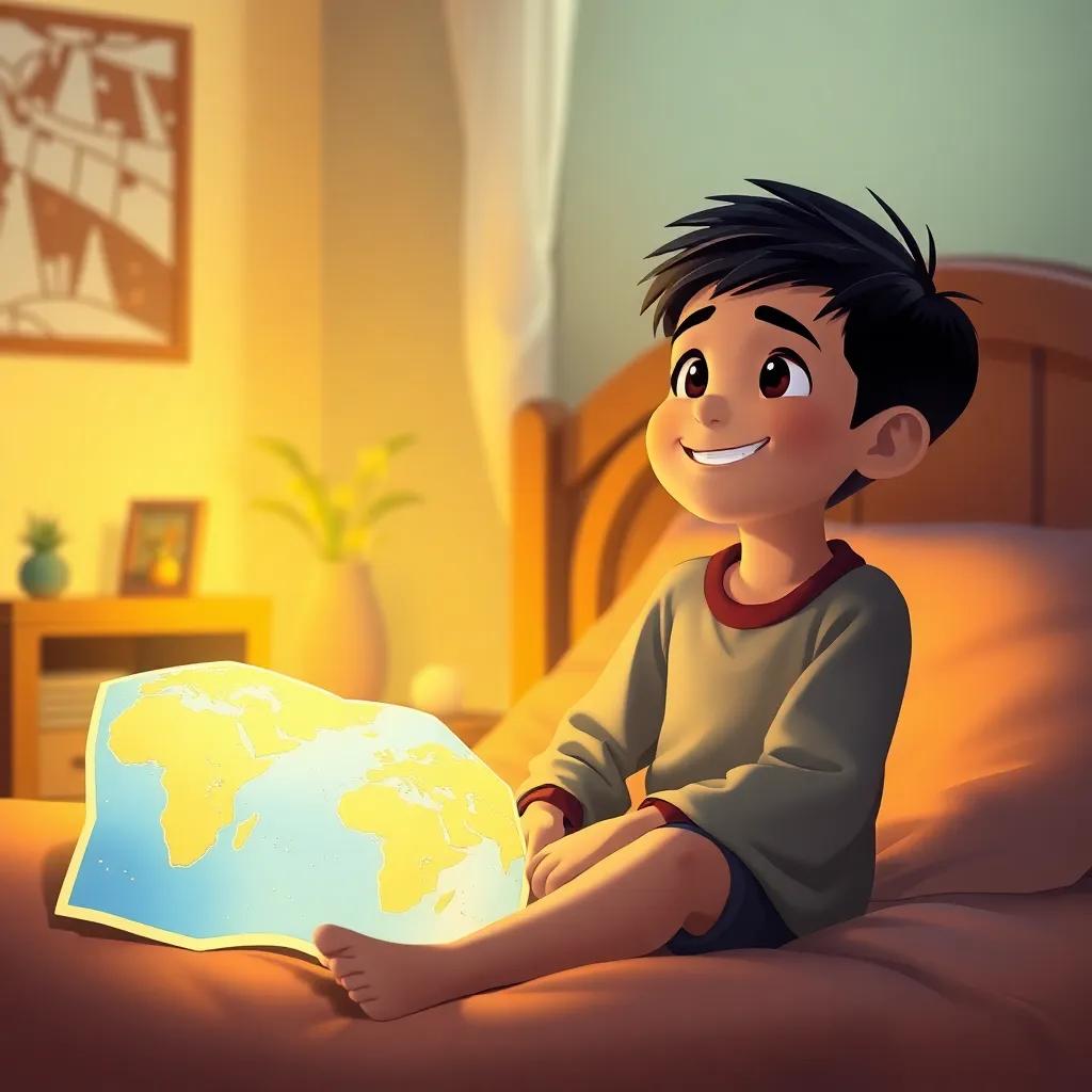 A young Arab boy, Sami, with short black hair, sitting on his bed at home with the glowing map beside him, a big smile on his face as he thinks about his adventures, digital art, warm lighting, cozy atmosphere, uplifting