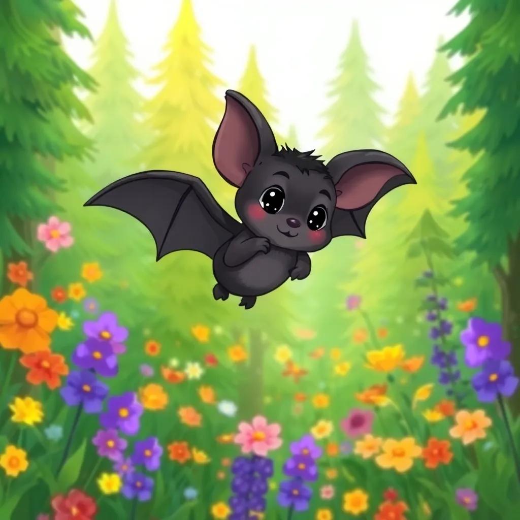 A small bat, Lolo, with soft black fur and big ears, flying through a dense green forest filled with colorful flowers and tall trees, digital art, cheerful mood, vibrant colors, high quality