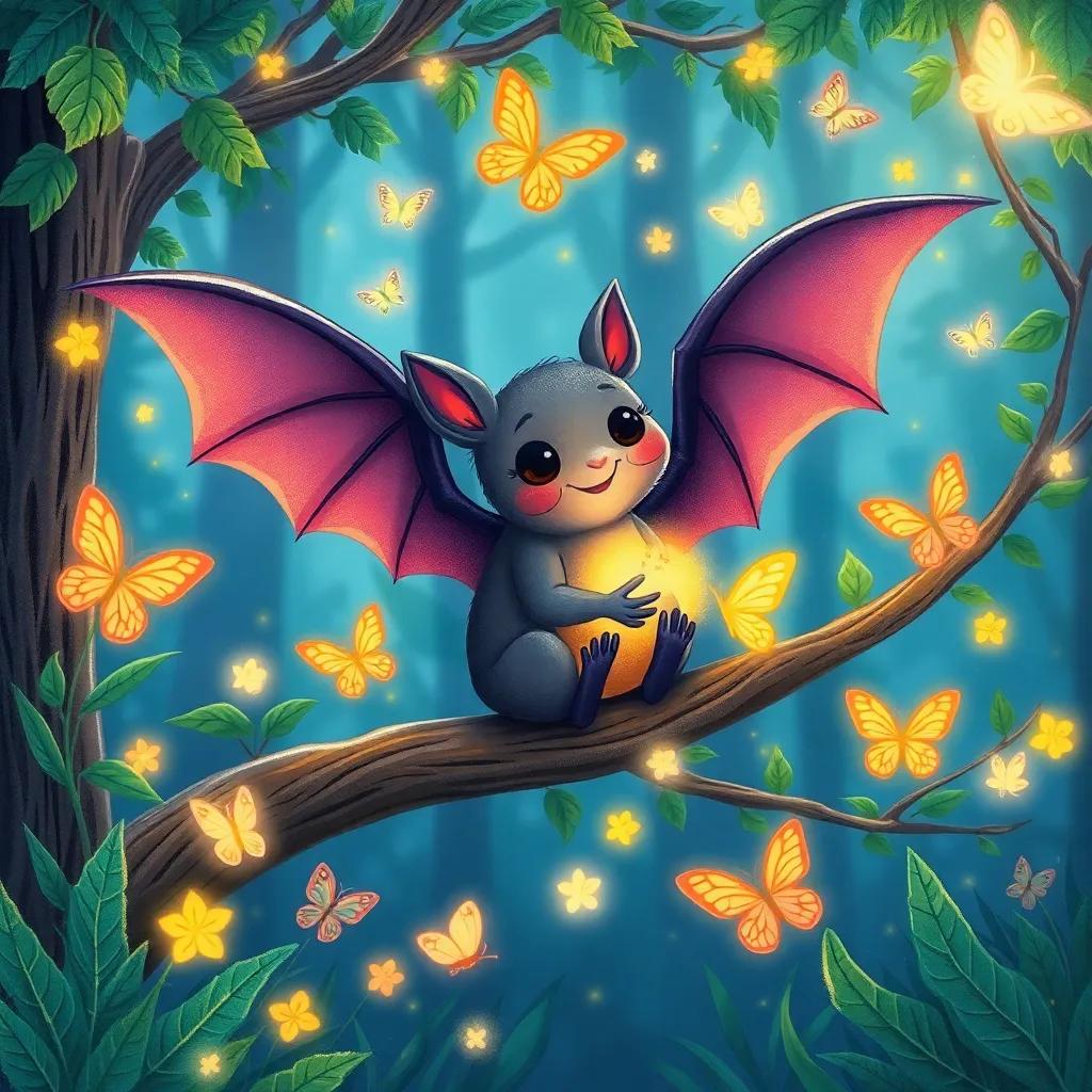 A happy bat, Lolo, discovering a beautiful place in the forest, surrounded by glowing butterflies and sparkling plants, sitting on a branch with butterfly friends, illustration, bright and enchanting, whimsical