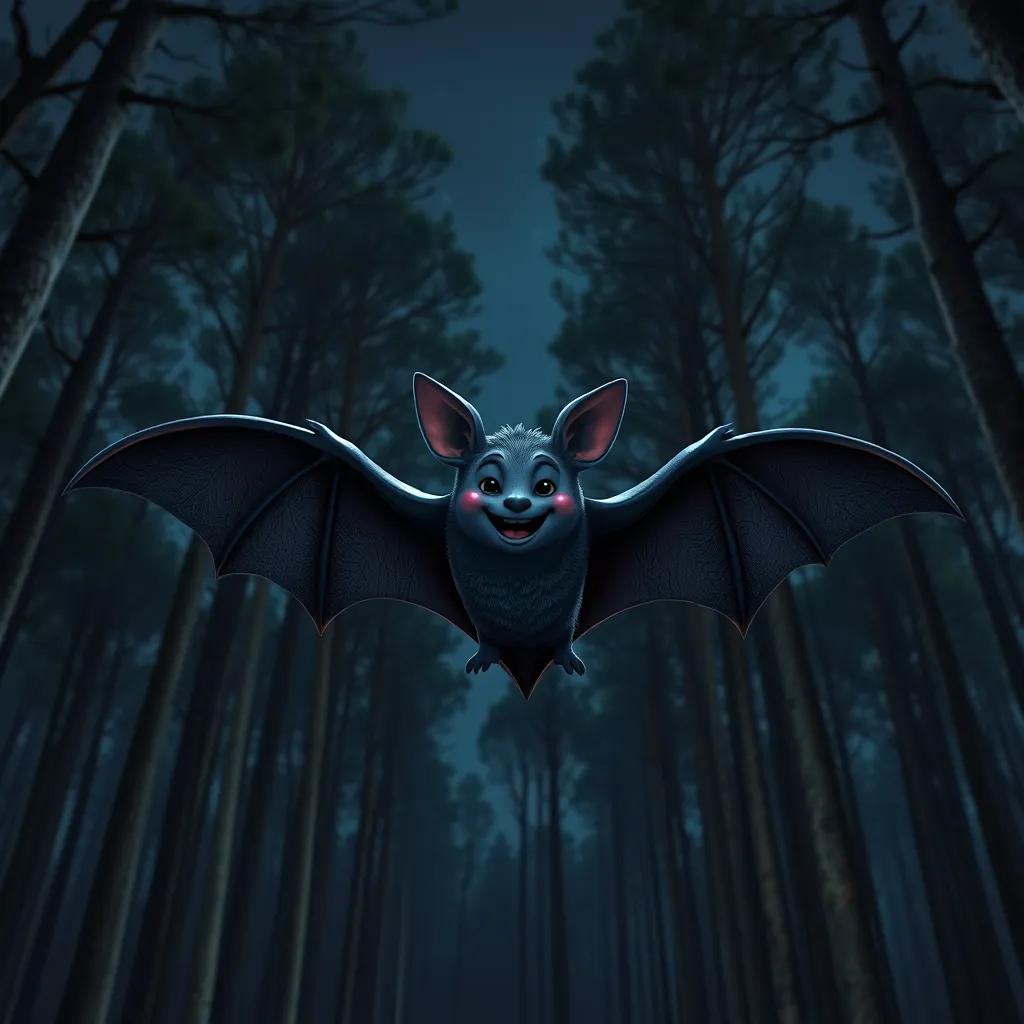A bat, Aasim, with dark wings and a happy expression, flying in a big dark forest at night, surrounded by tall trees and a dark sky, digital art, cheerful atmosphere, mystical colors, high quality