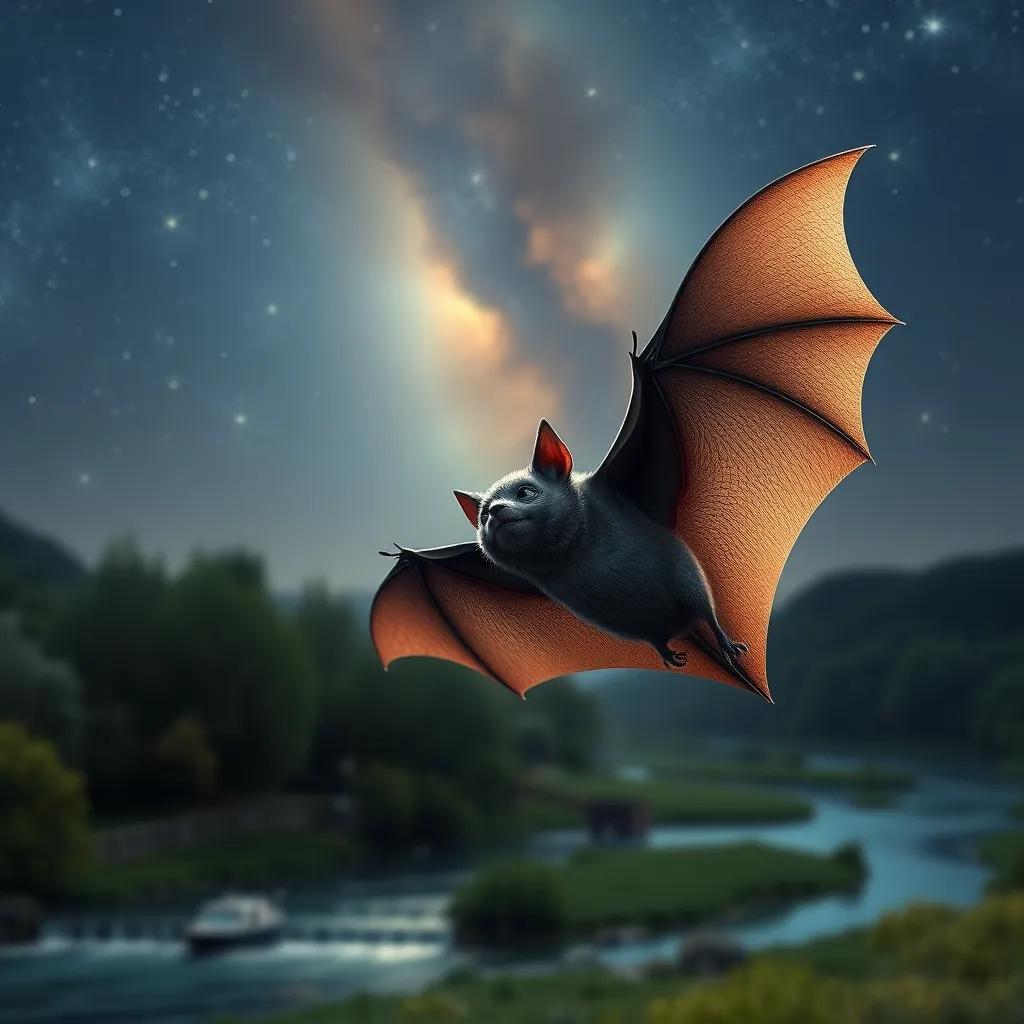 Aasim the bat, flying in the night sky, listening to the music of a river below, with the stars twinkling above him, gentle lighting, whimsical, beautiful scenery, high quality