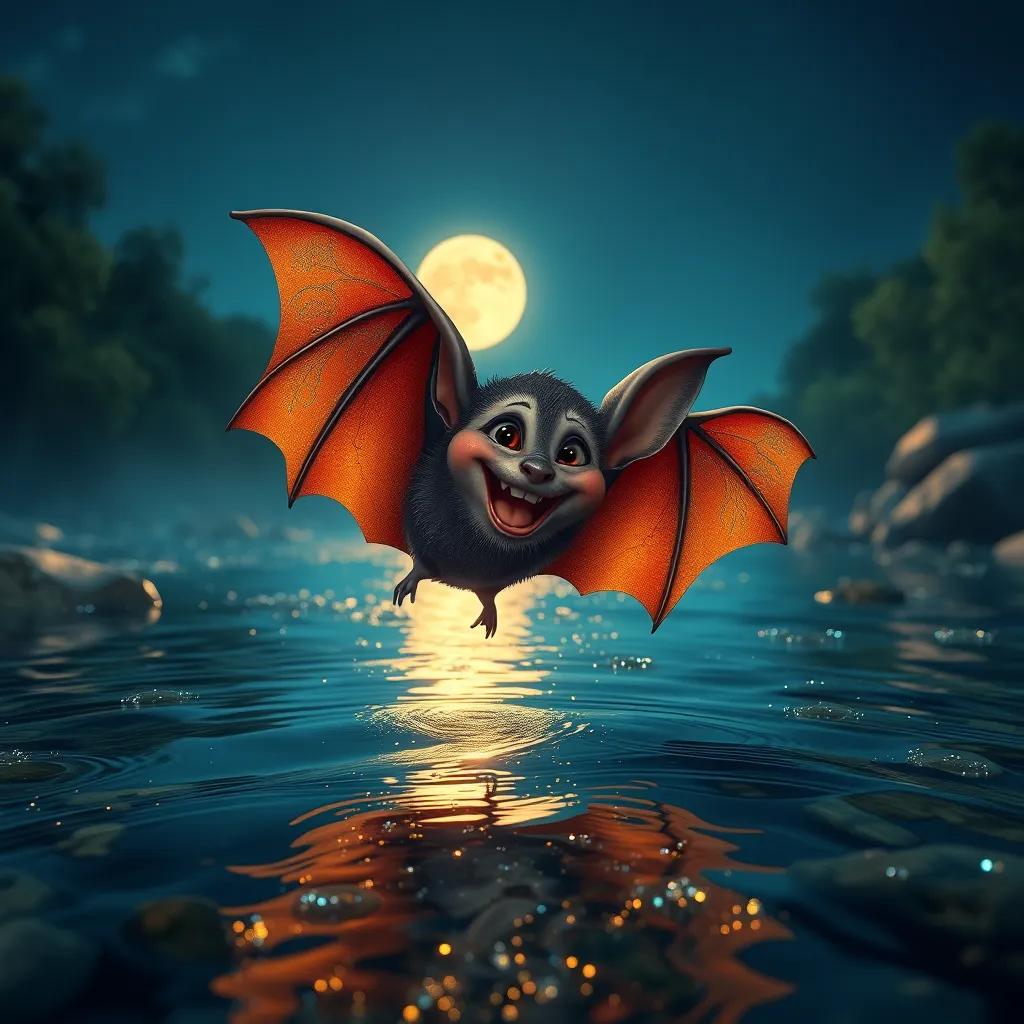 Aasim, the bat, discovering a sparkling river at night, with clear water reflecting the moonlight, joyful expression, vibrant colors, enchanting atmosphere, high quality