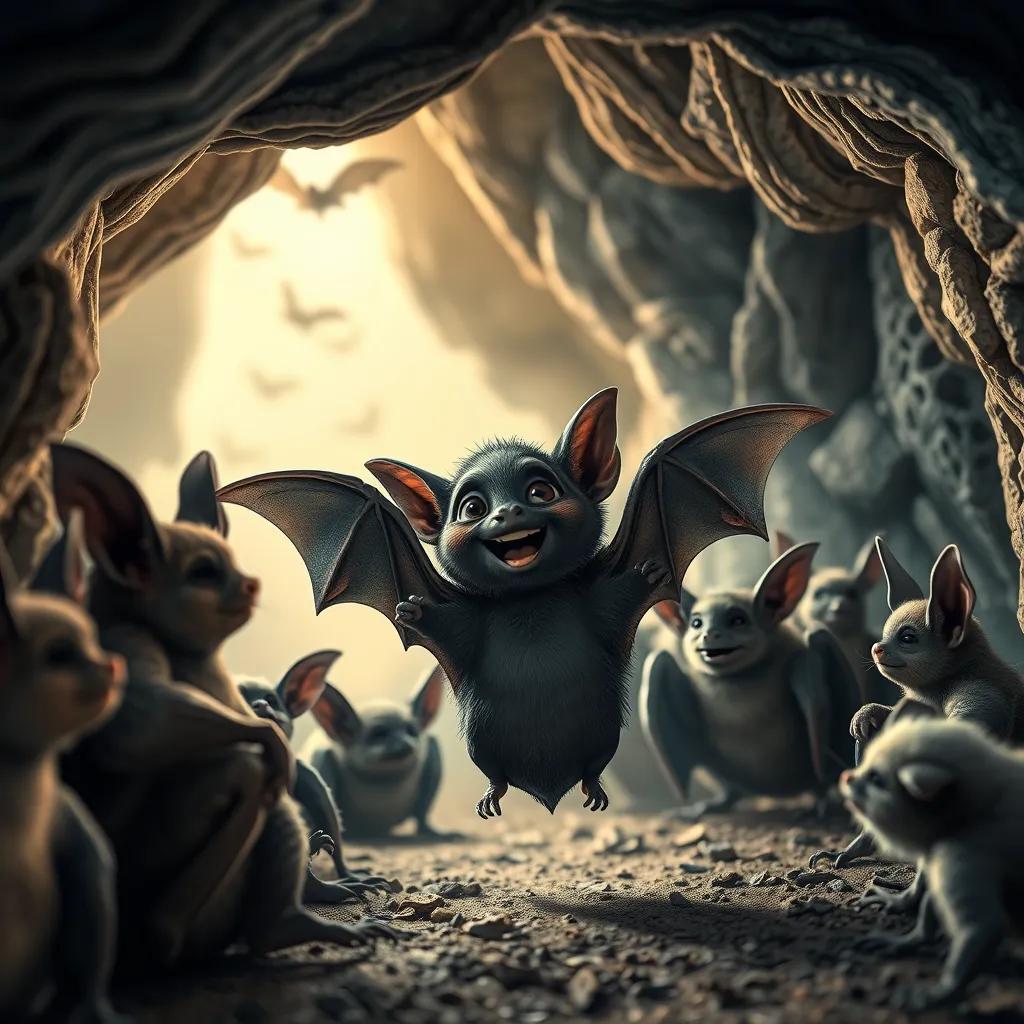 Aasim, the bat, returning to his cave with happiness, surrounded by other bats who are listening to his adventures, warm light, welcoming environment, high quality