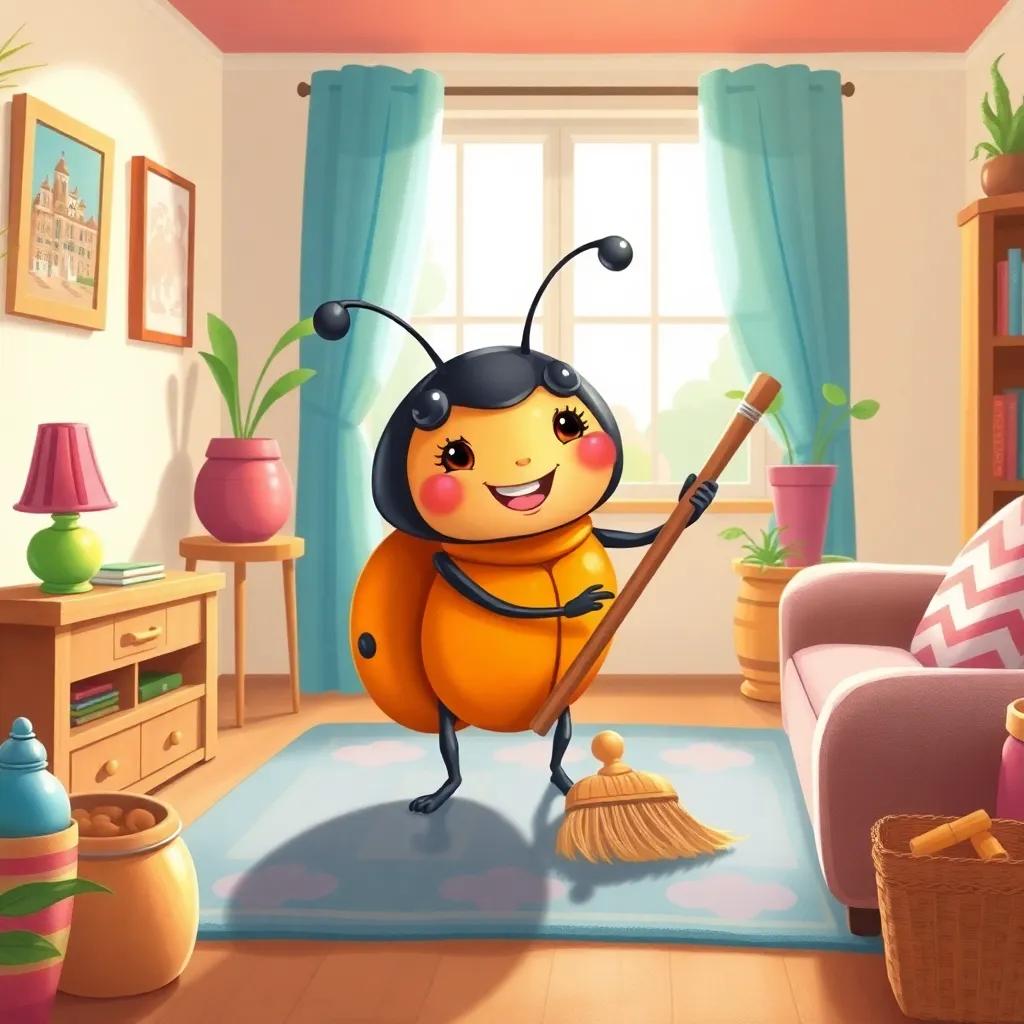 A small beetle named Leila, cheerful and busy, cleaning a cozy living room with a broom, colorful decor, sunlight streaming through the window, warm colors, inviting atmosphere, high quality