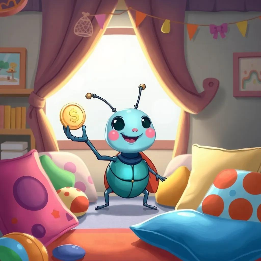 Leila, the small beetle, with a shining coin in her hand, looking surprised and happy inside the cozy room, surrounded by colorful cushions and toys, cheerful scene, bright colors, high quality