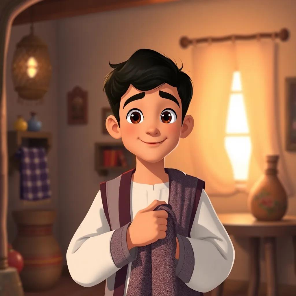 A kind-hearted tailor named Sami, a young Arab man with short dark hair, wearing a traditional thobe and holding a treasured piece of fabric, in a cozy little cottage, warm atmosphere, soft lighting, child-friendly illustration
