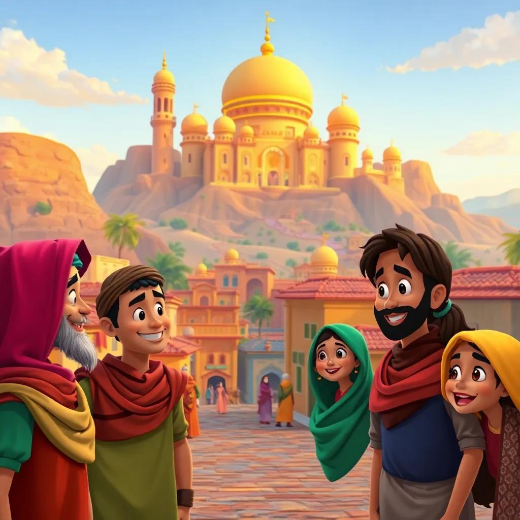 A majestic kingdom in the background, Sami speaking with villagers, Arabic architecture, colorful houses, friendly expressions of villagers, digital art, vibrant colors, community feeling