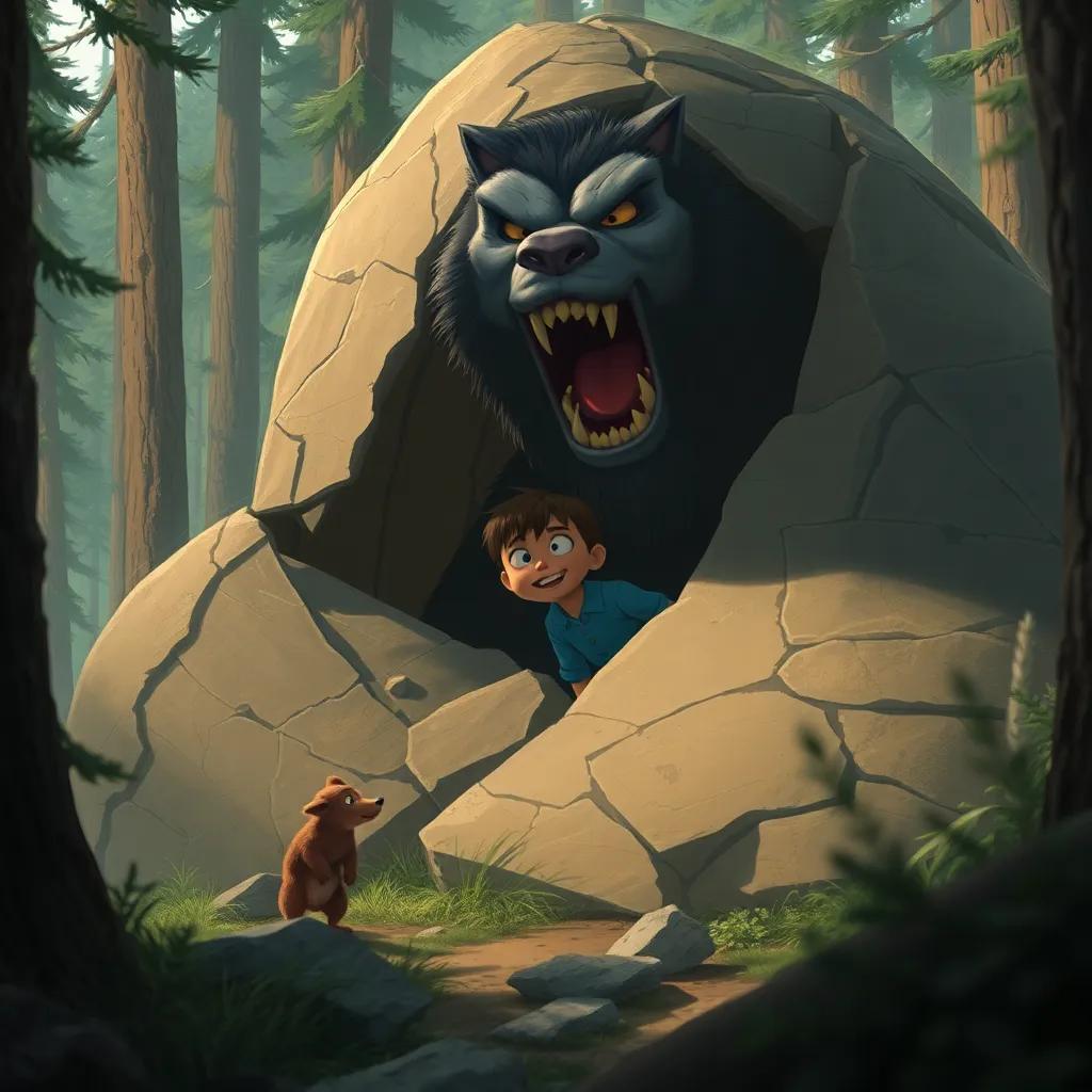 Sami cleverly disguising himself behind a large rock, looking like a monster to scare away a big wolf, in a dense forest setting, detailed digital illustration, suspenseful mood