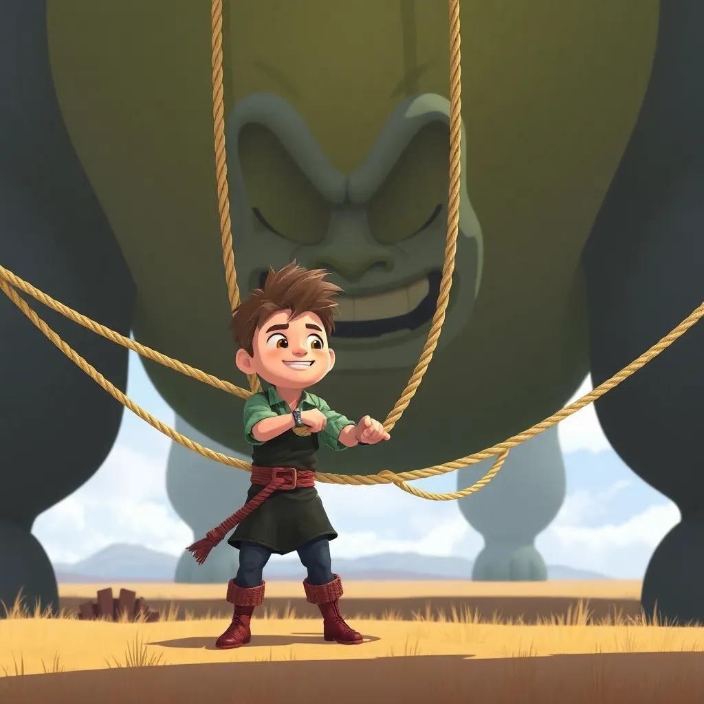 Sami binding the giant, a large figure with a fearsome face, using ropes, in an open field, brave expression on Sami's face, colorful illustration, adventure-themed