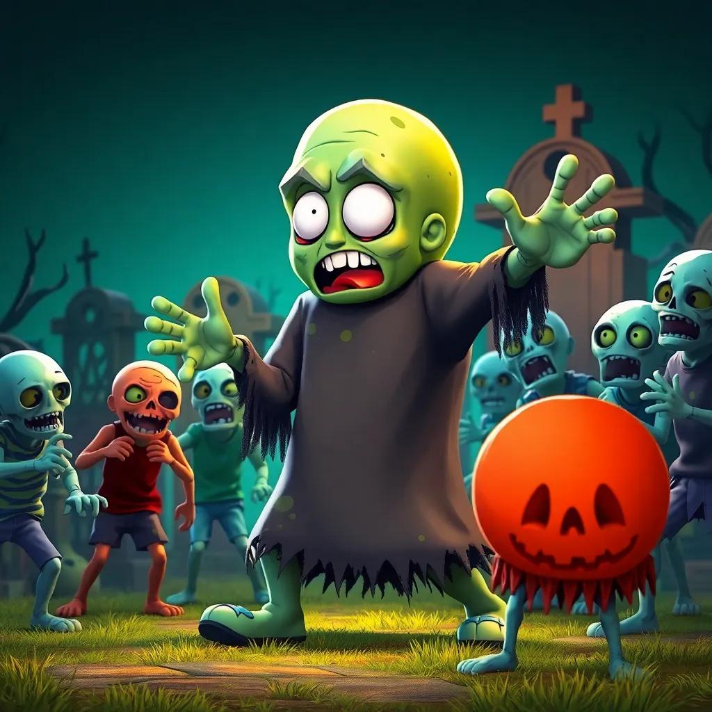 Sami in a gigantic zombie costume, startling a group of unsuspecting zombies, in a spooky graveyard, bright colors, humorous scene, engaging digital art