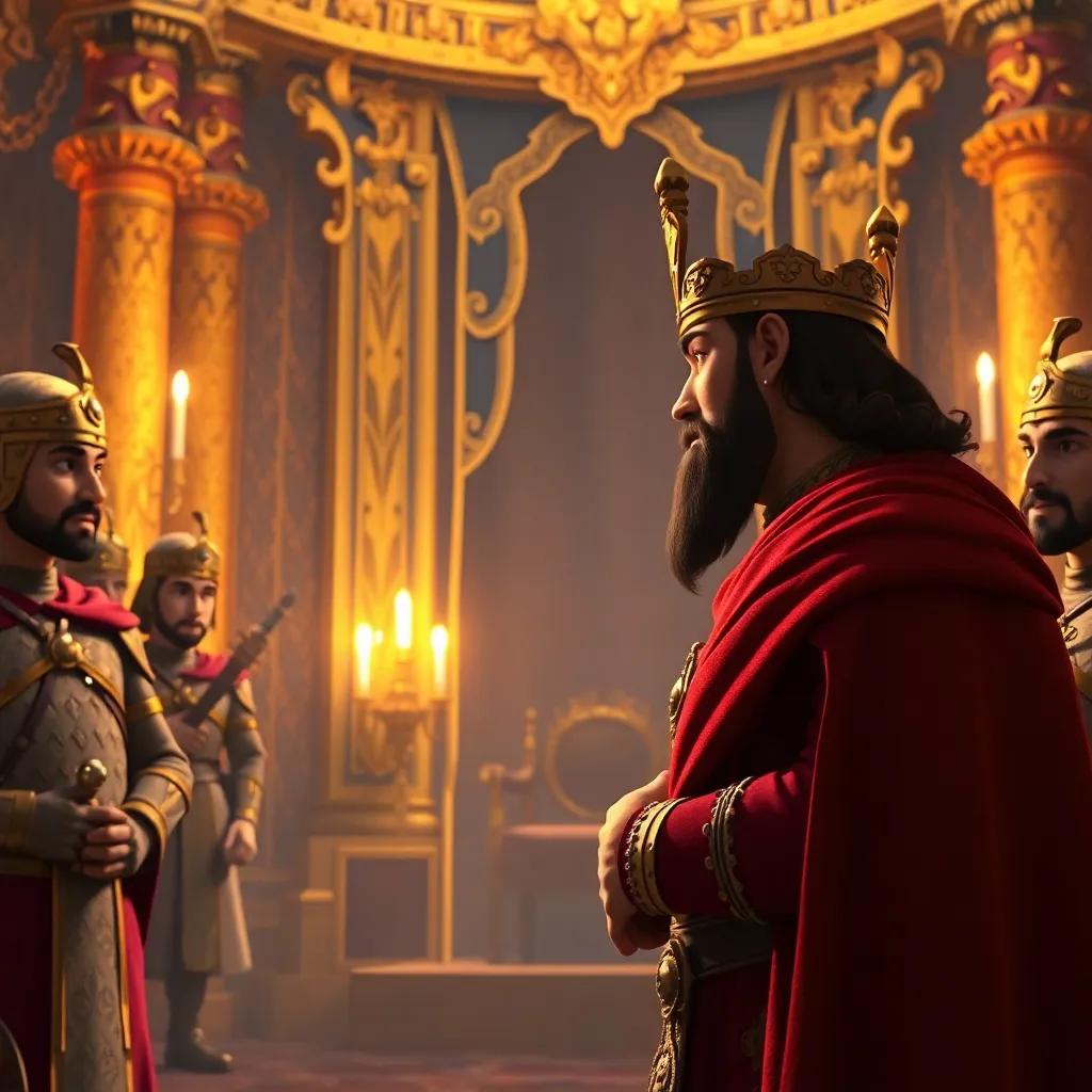 The king praising Sami for his bravery, in a throne room with golden decorations, Sami looking proud, surrounded by guards, warm light illuminating the scene, storytelling view