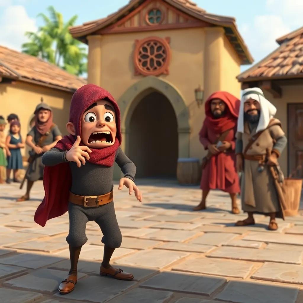 A frightened thief being caught by guards, Sami watching with a satisfied smile, in the village square, lively colors demonstrating action and relief
