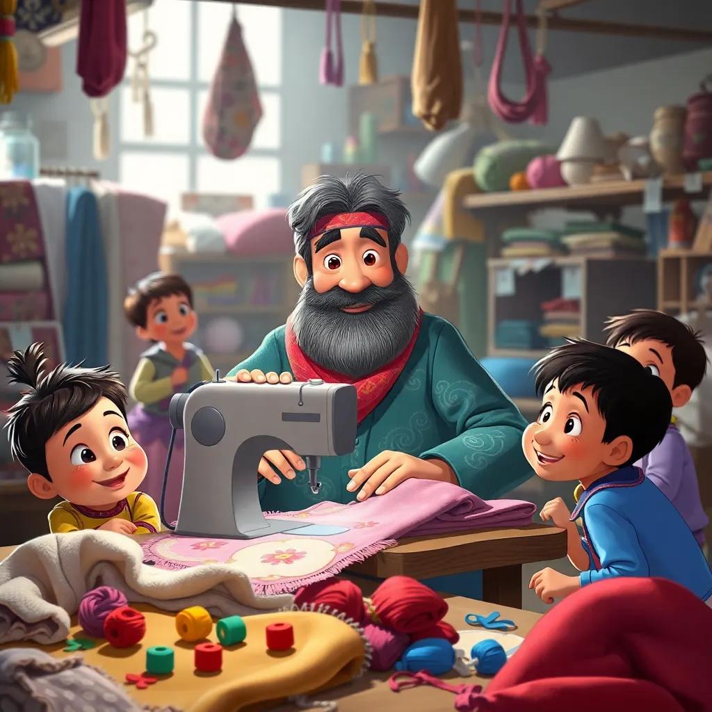 Sami sewing and working on his fabric pieces in a bustling workshop, children eagerly watching him, joyful expressions, colorful threads and fabrics around him, inviting illustration