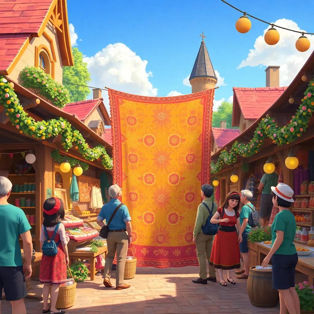 The fabric now displayed in a beautiful market, townsfolk admiring it, vibrant marketplace surrounding them, festive atmosphere, cheerful digital art