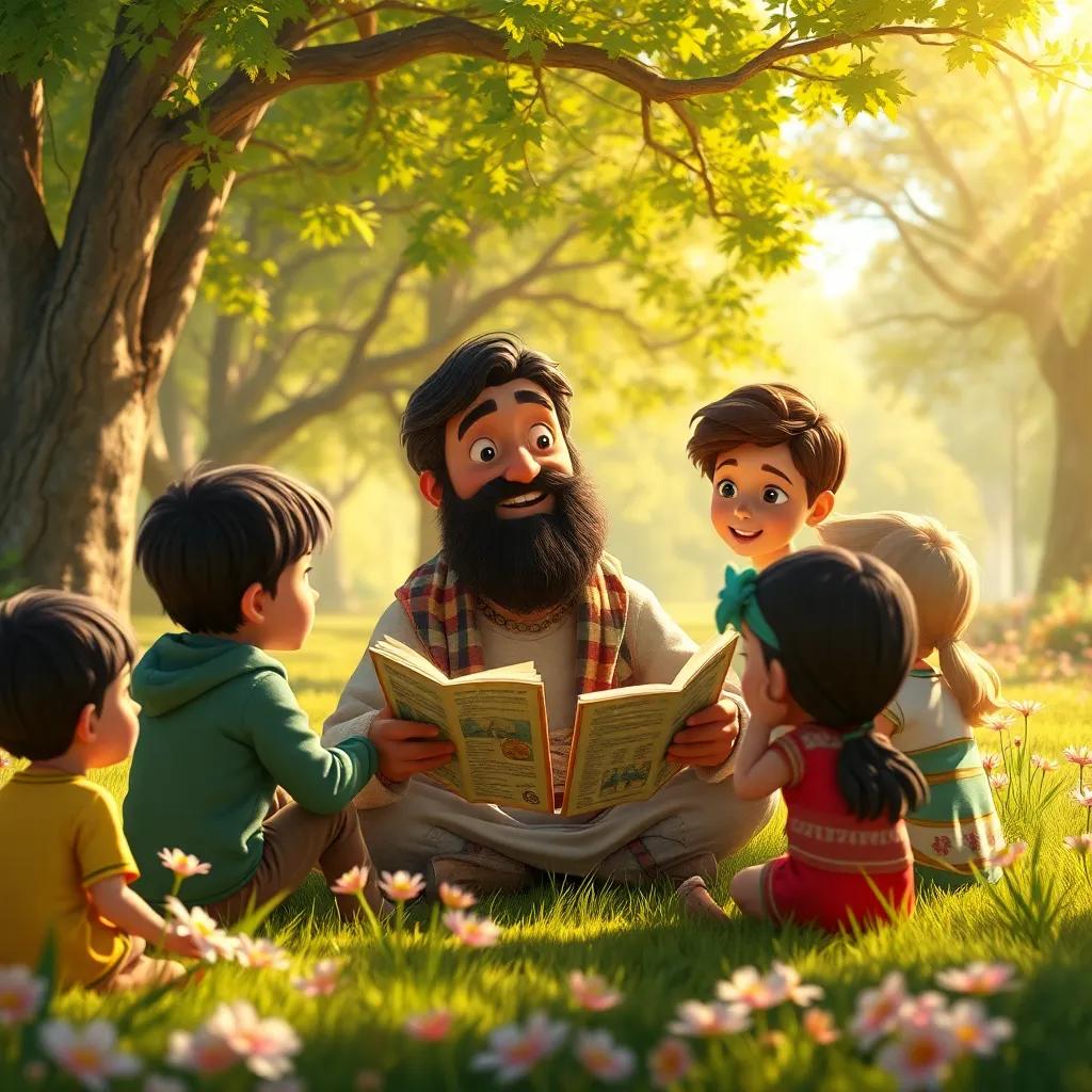 Sami surrounded by children telling stories of his adventures, in a sunny park with trees and flowers, magical feel, warm light, engaging scene