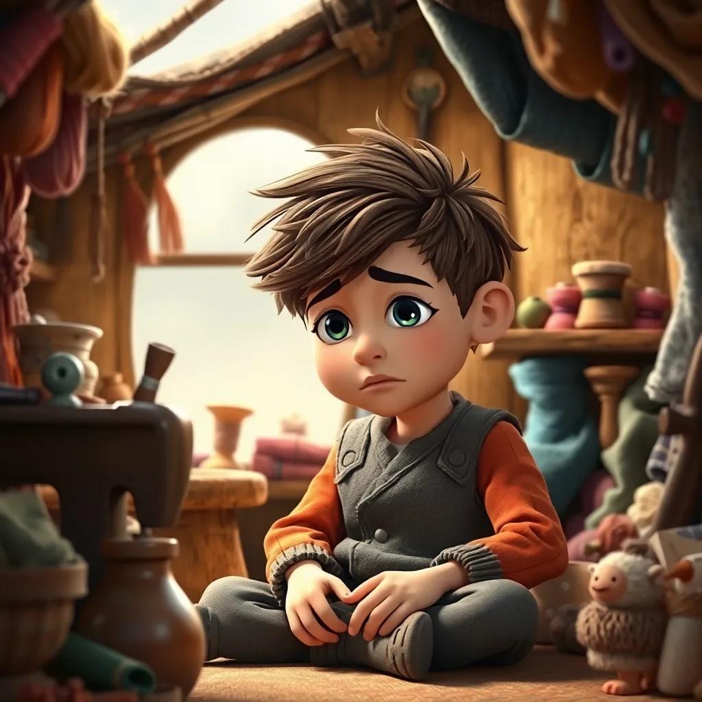 A kind-hearted tailor, with light brown skin and tousled brown hair, sitting in a small cozy cottage filled with threads and fabrics, looking sad after losing his precious cloth, digital art, warm colors, inviting atmosphere, high quality