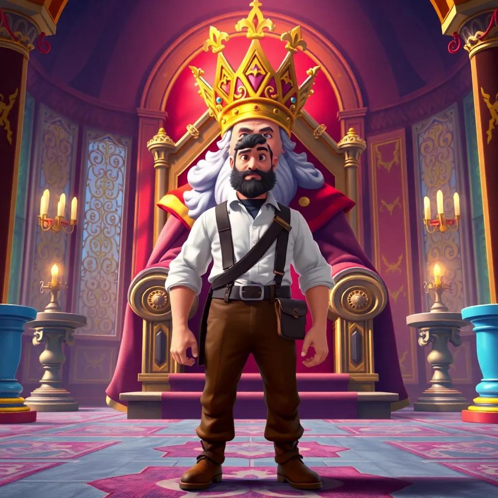 A brave tailor, wearing a white shirt and brown trousers, standing in front of a large king with a golden crown, in an elegant throne room, vibrant colors, lively environment, detailed illustration