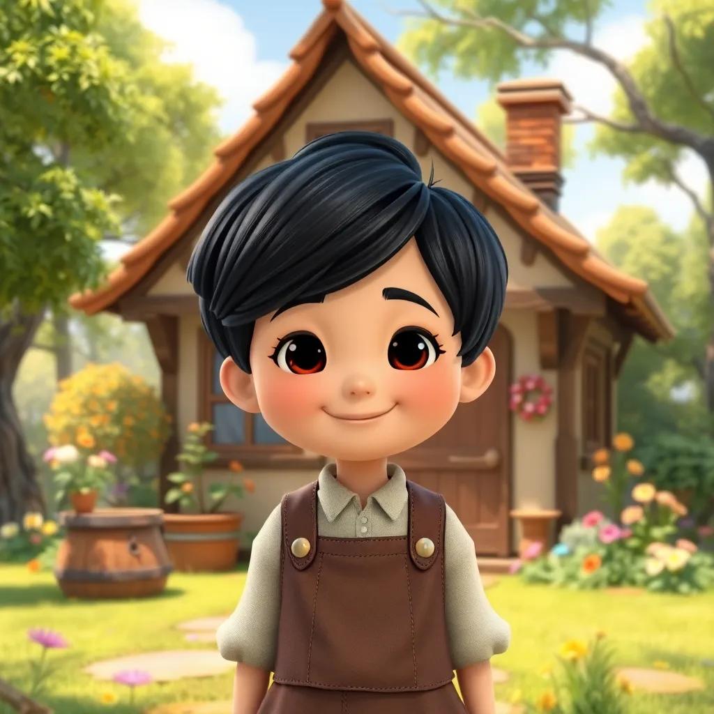 A kind-hearted tailor, with short black hair and wearing a simple outfit, standing in front of a small, cozy cottage surrounded by trees and flowers, happy expression, cheerful atmosphere, bright colors, friendly