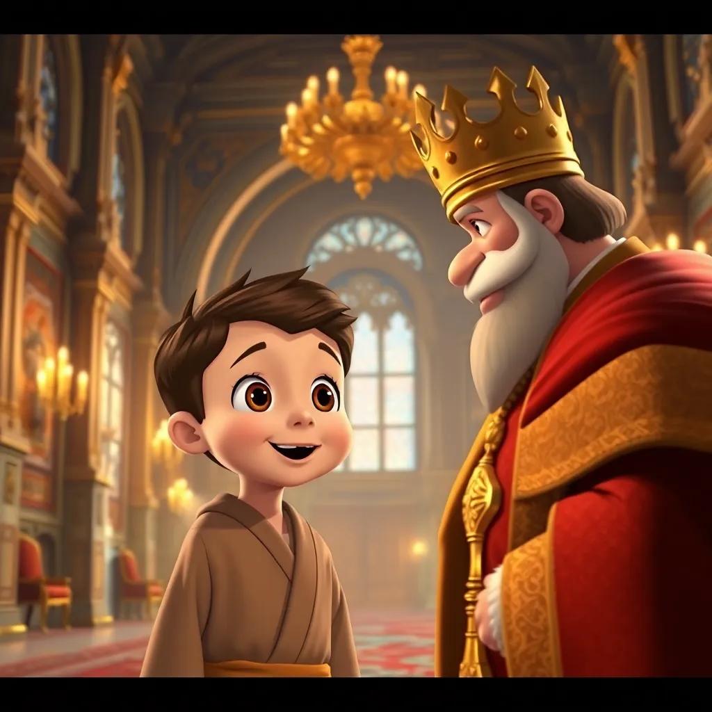 An excited young boy, with bright eyes and wearing a robe, talking to a regal king, in a grand castle hall with ornate decorations, warm light, royal colors, inviting scene