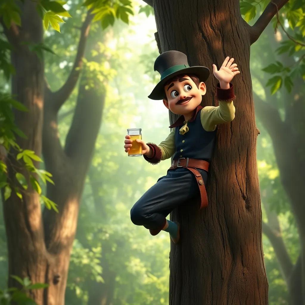 The tailor climbing a tall tree, wearing a clever disguise and holding invisible potion, looking curious, in a vibrant green forest, soft sunlight streaming through leaves, magical ambiance