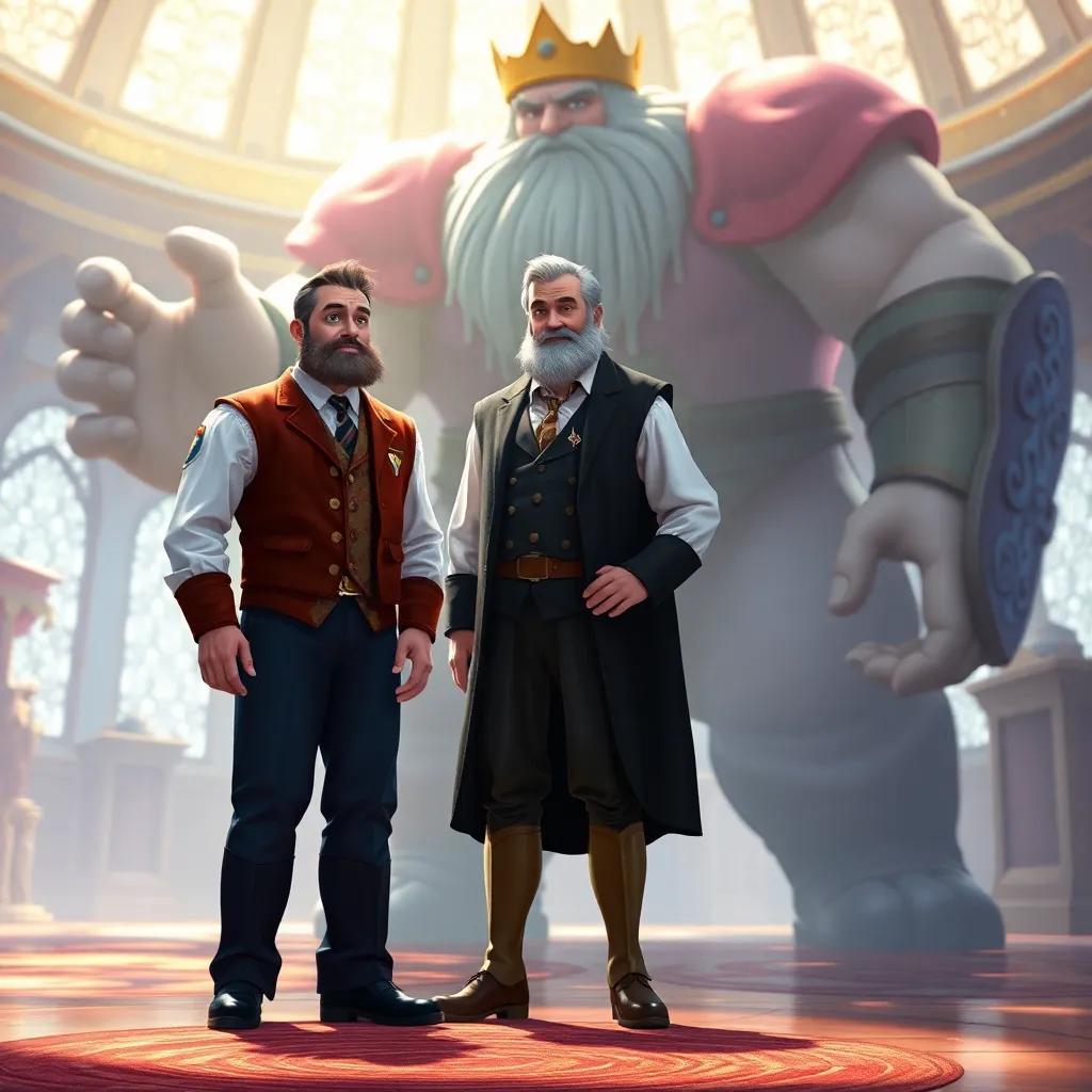 The tailor proudly standing in front of the king, with a massive giant in the background, who is being captured in the scene, colorful, bright room full of light