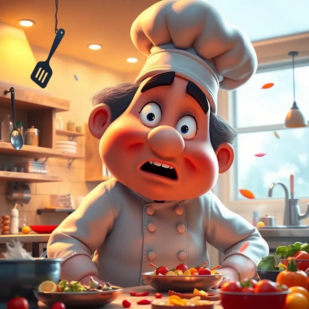 A giant chef in a large kitchen, busy cooking and looking surprised, with utensils flying around, warm kitchen light, colorful ingredients scattered around