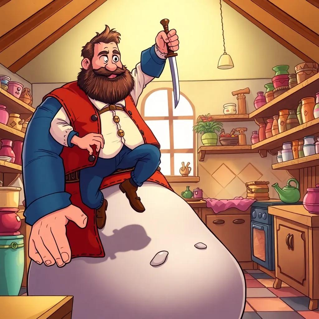 The tailor jumping onto the giant's belly with a sword, determined look on his face, inside a whimsical kitchen, comic book style, vibrant colors