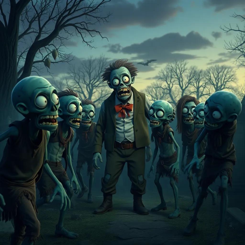 The lumbering zombies, wearing tattered clothing, looking scared at the sight of the tailor dressed in a large zombie costume, in a spooky graveyard at dusk, eerie yet playful