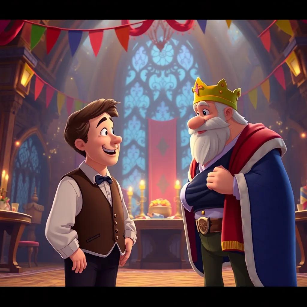 The tailor, happy and relieved, talking to the king again in the castle, celebrating amidst sparkling lights and happy atmosphere, colorful banners decorating the hall