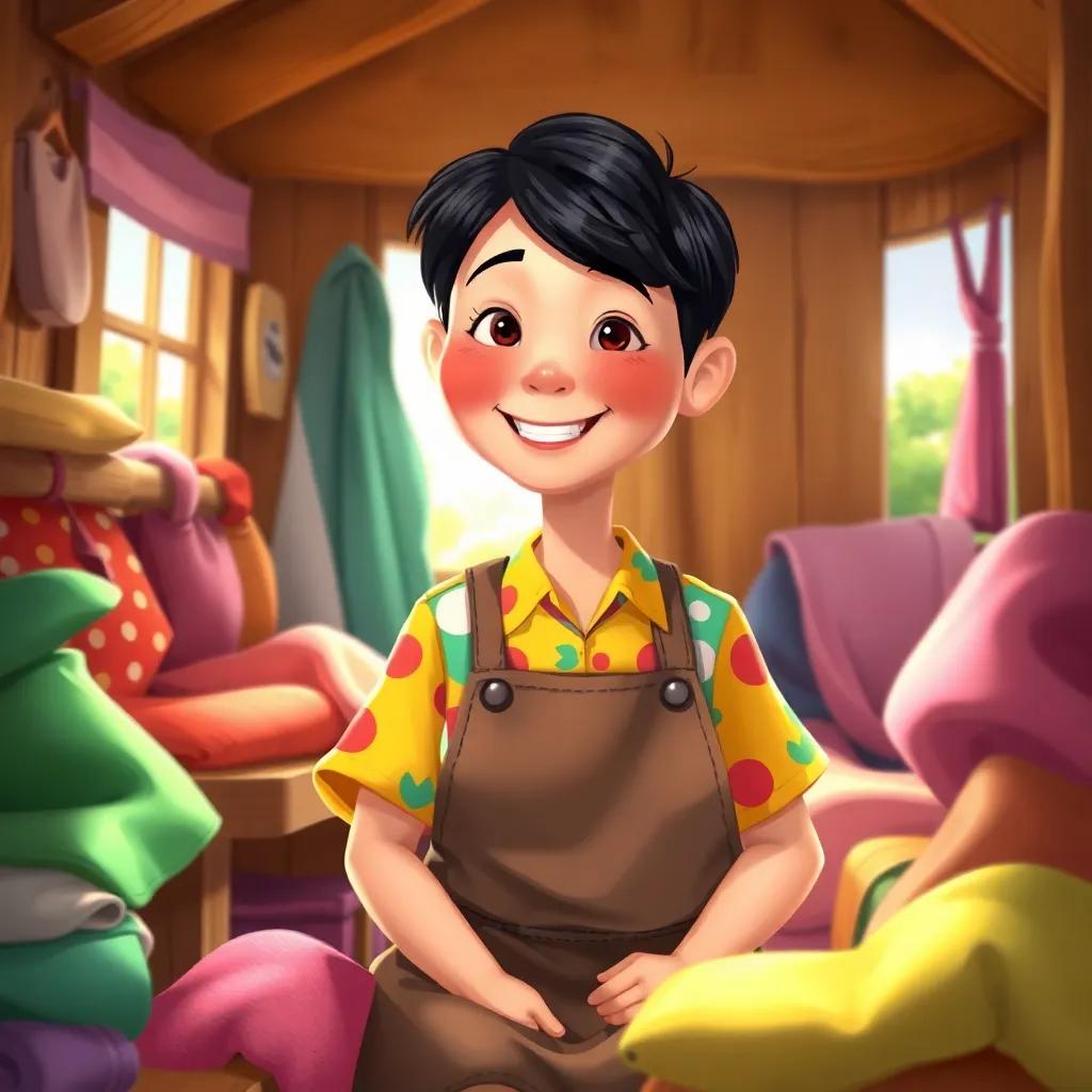 A kind-hearted tailor, with short black hair, wearing a colorful shirt and apron, sitting in a small wooden cottage surrounded by bright fabrics, sunny day, cheerful atmosphere, digital painting, warm colors, inviting, high quality