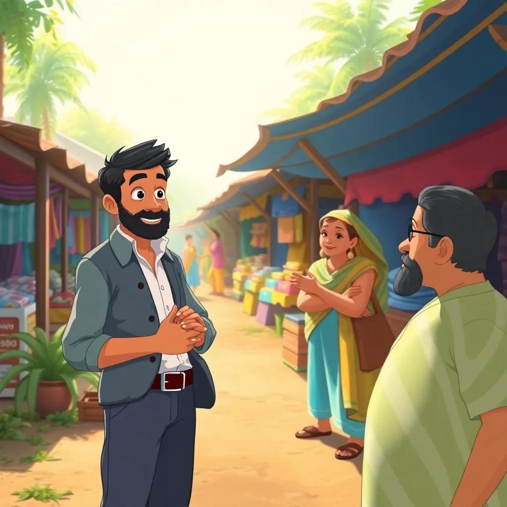 A lively village scene where the tailor is asking villagers for help, wearing casual clothes, looking hopeful, colorful stalls in the background, bright sunlight, cheerful expressions, illustration, engaging, high quality