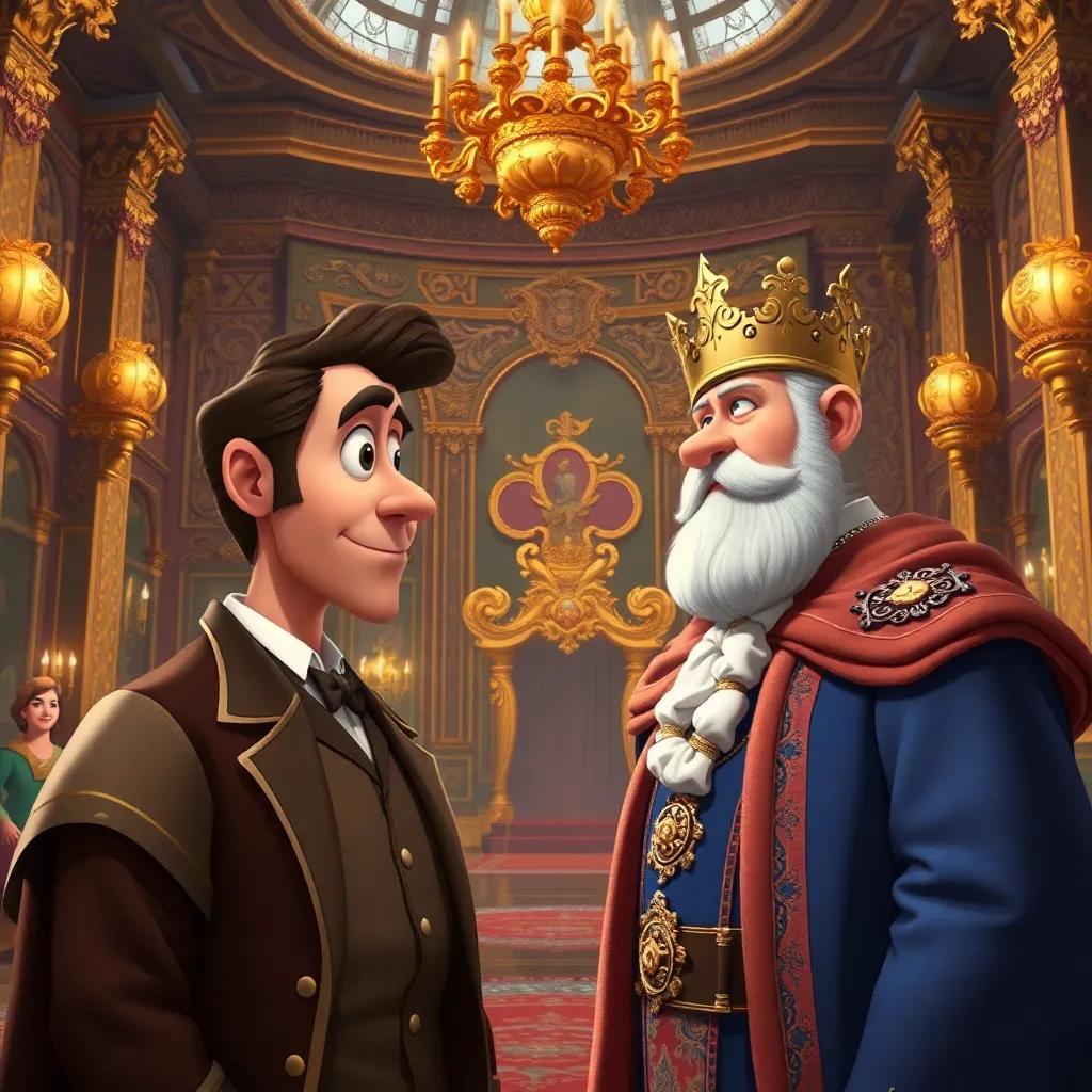 A grand palace where the tailor meets the king, with the king in royal attire, looking curious, inside a lavish hall with golden decorations, detailed artwork, rich colors, imaginative, high quality