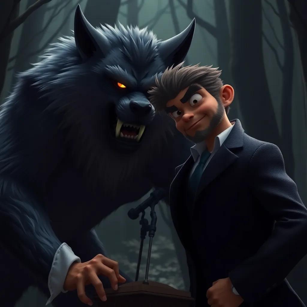 A fierce yet whimsical scene where the tailor confronts a strong werewolf, wearing a smart outfit with a determined look, shadowy forest background, dramatic lighting, suspenseful, high quality