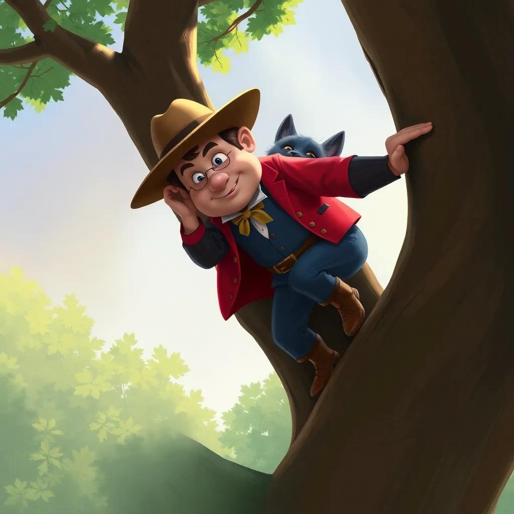 A clever scene where the tailor uses a clever disguise to outsmart the sleeping werewolf, cautiously climbing a tree, digital painting, realistic, high quality