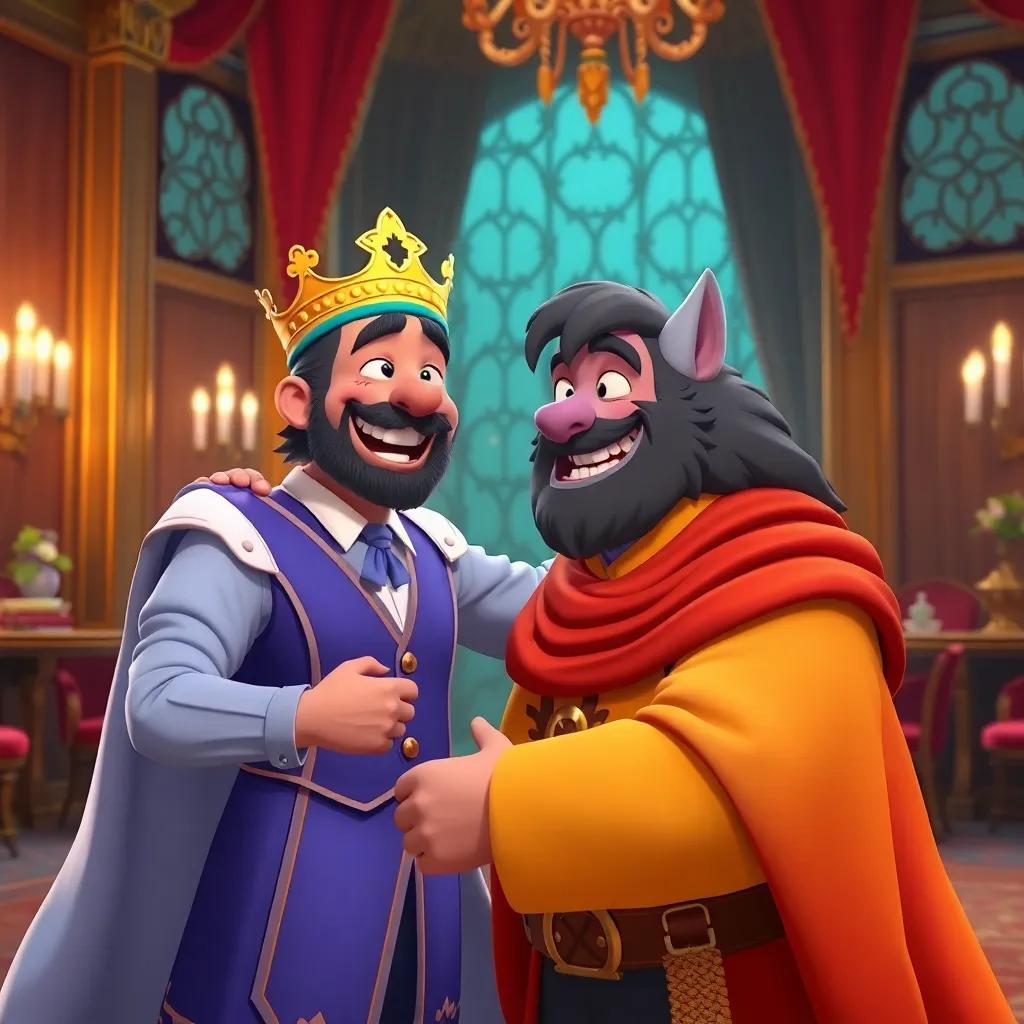 A joyful moment where the tailor returns to the king after defeating the werewolf, expressing pride, royal court setting, festive decorations, bright colors, joyful atmosphere, high quality