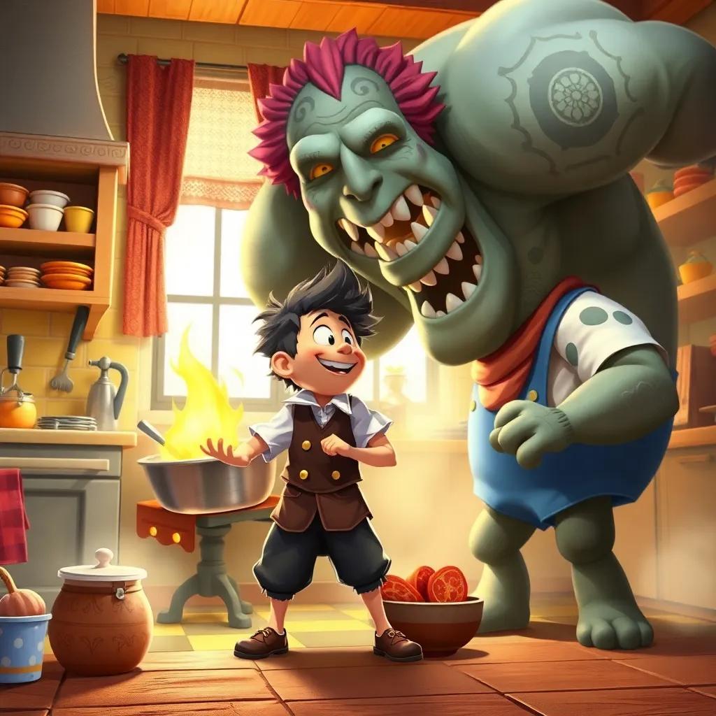 An exciting encounter where the tailor faces a giant while cooking, wearing whimsical clothes, imaginative battle scene, colorful kitchen background, unique style, dynamic, high quality