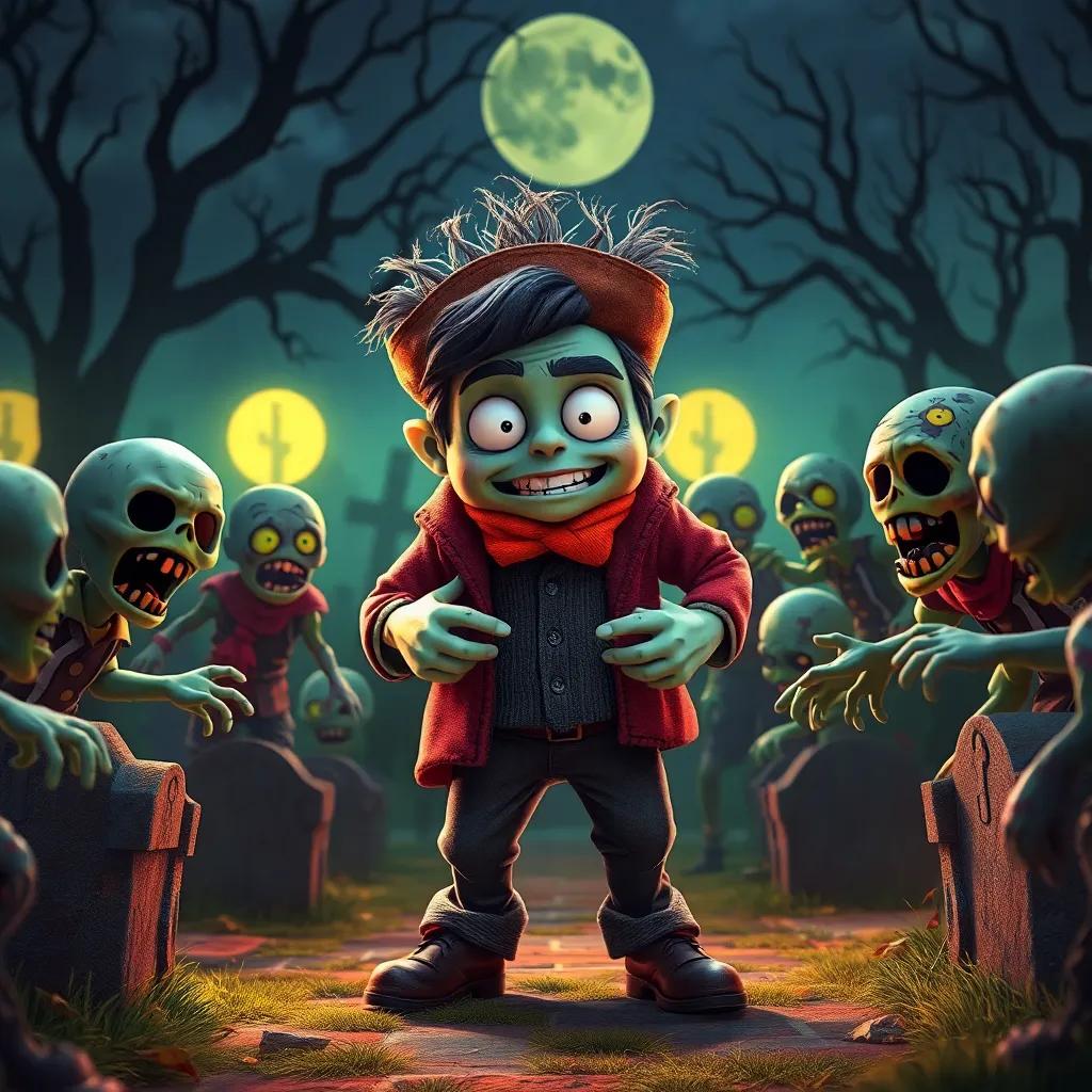 A thrilling scene of the tailor facing off with zombies in a spooky graveyard, wearing a big zombie costume, playful and engaging atmosphere, vibrant colors, imaginative perspective, high quality