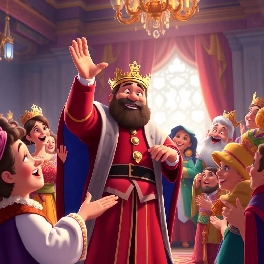 A joyous moment where the tailor happily returns to the king with everyone celebrating, royal court bustling with energy, colorful royal attire, joyful expressions, digital painting, inviting atmosphere, high quality