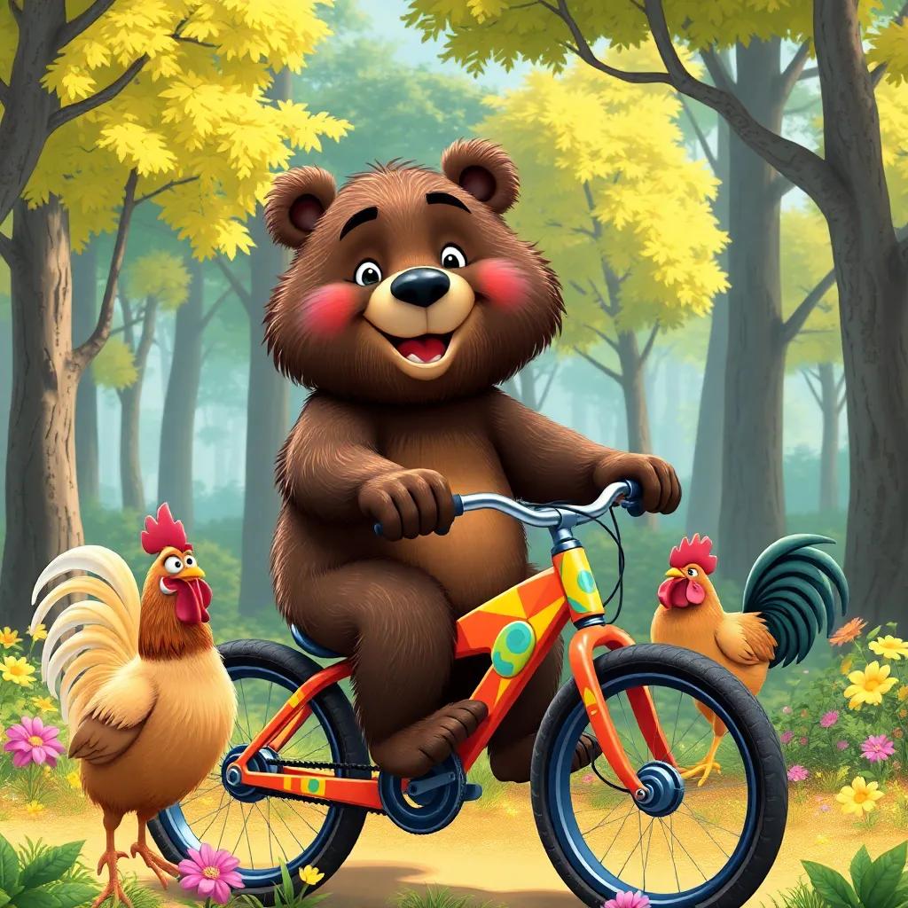 A happy bear riding a colorful bike in a sunny forest, a cheerful rooster and a playful hen beside him, surrounded by trees and flowers, bright colors, fun atmosphere, detailed digital art, high quality