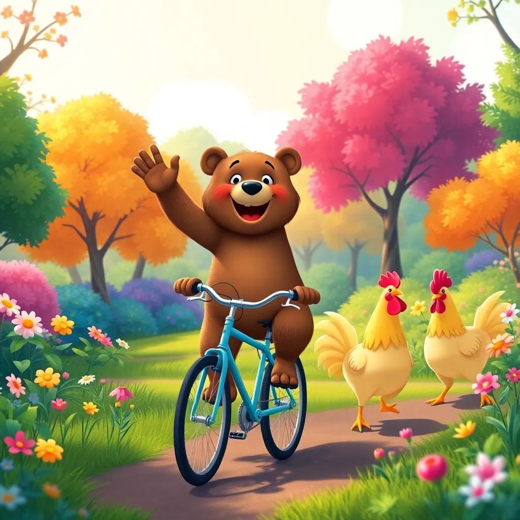 A joyful bear, riding his bicycle in a vibrant forest, waving to his friends, a rooster and a hen following him, colorful trees and flowers around, cheerful setting, bright lighting, illustration, happy mood
